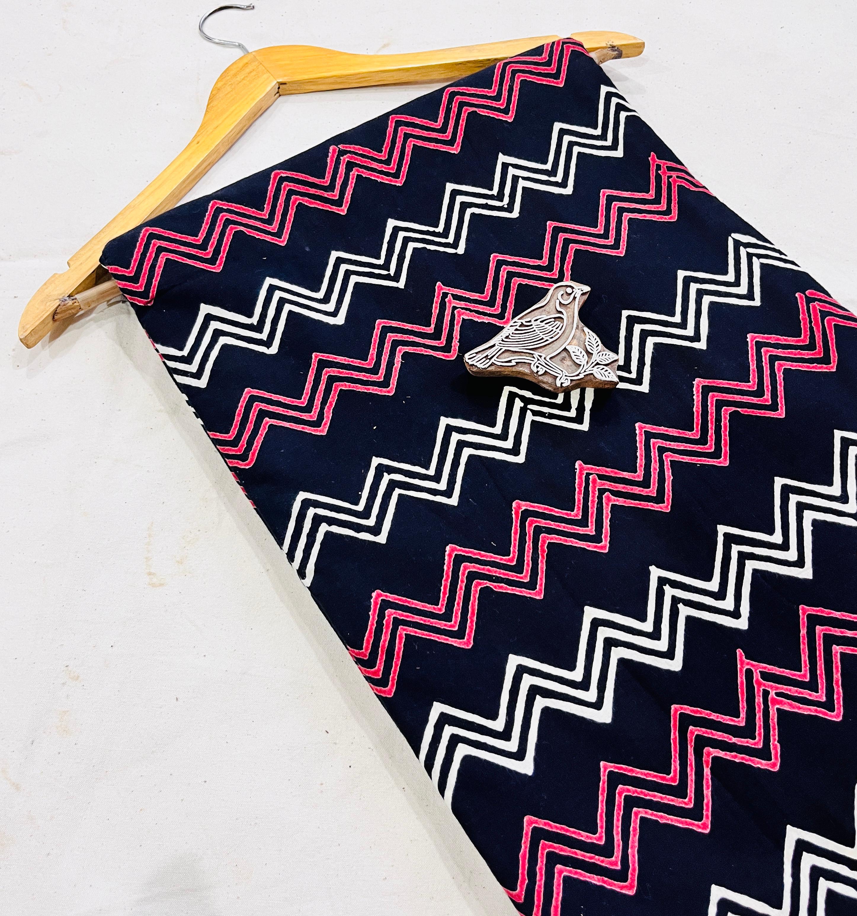 Blue maroon zig zag geometrical Dabu handblock printed cotton fabric, artisan wholesale textile